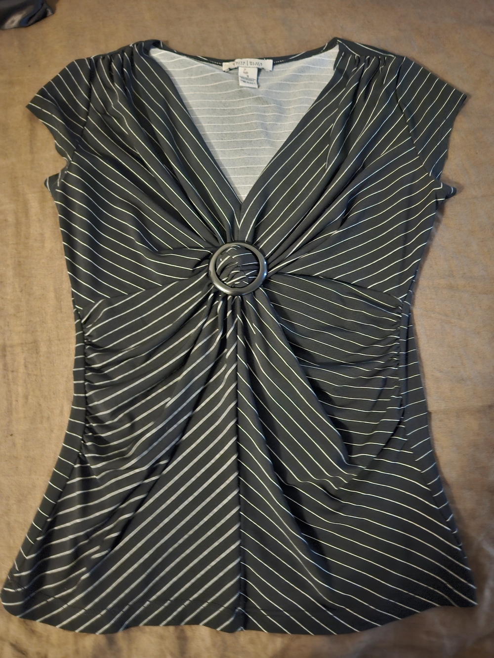 White House Black Market Black Pinstripe Ring-Front V-Neck Top